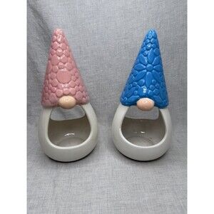 11" Pink & Blue Hat Gnome Ceramic Planter  Cactus Flowers Easter Spring